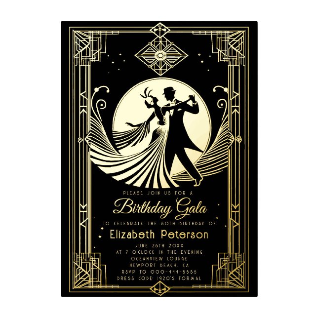 Art Deco Gatsby Roaring 20s Prohibition Birthday Foil Invitation (art deco invitation birthday event gala gatsby roaring 20s prohibition black gold elegant foil)