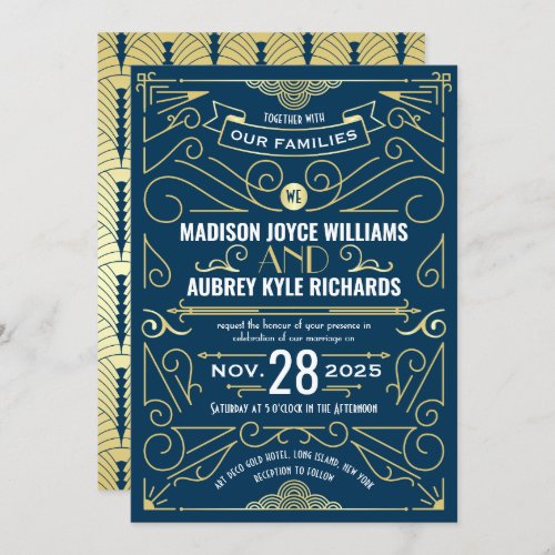 Art Deco Gatsby Wedding Elegant Gold Dark Blue Invitation