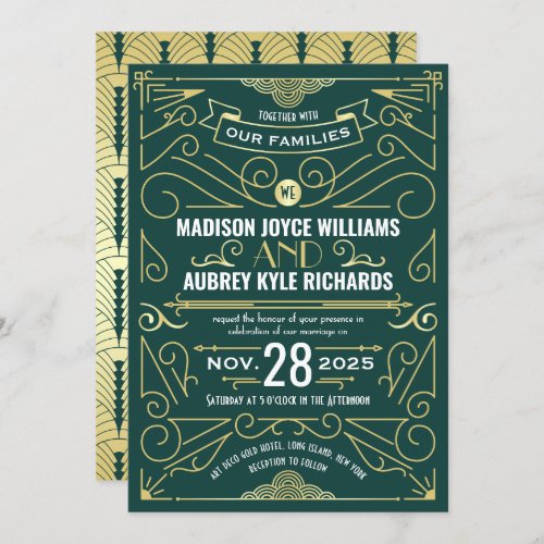 Art Deco Gatsby Wedding Elegant Gold Dark Green Invitation