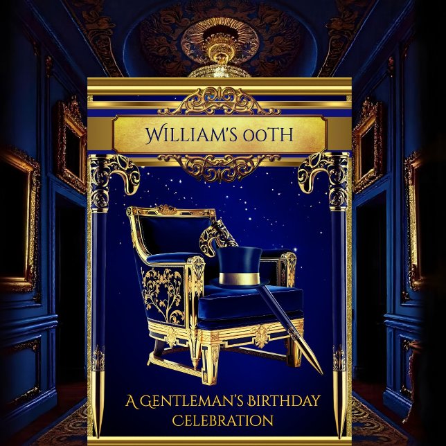 Art Deco Gentlemen Elegant Gold Navy Birthday Invitation (Creator Uploaded)