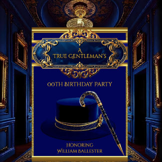 Art Deco Gentlemens Hat Cane Gold Navy Birthday Invitation