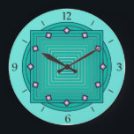 Art Deco Geometric, Aqua and Turquoise Blue Large Clock<br><div class="desc">Clock in overlapping geometric patterns,  consisting on gradient stripes,  ranging from aqua to deep turquoise / teal,  on a light aqua background,  with 3-d look diamond shaped accents at the hours</div>