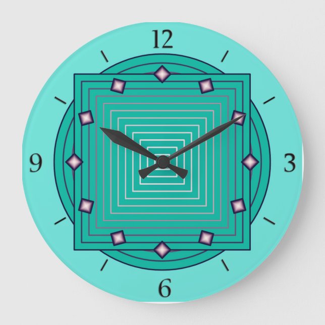 Art Deco Geometric, Aqua and Turquoise Blue Large Clock (Front)