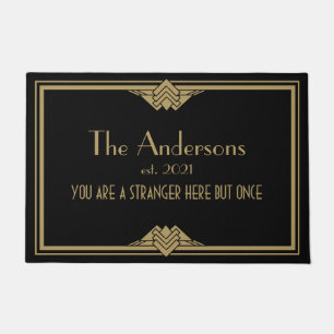 Art Deco Geometric Black Gold Family Name Doormat