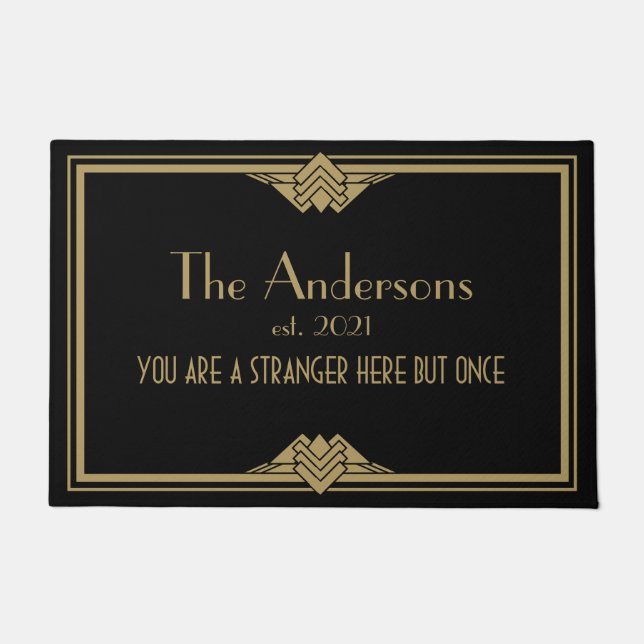 Art Deco Geometric Black Gold Family Name Doormat (Front)