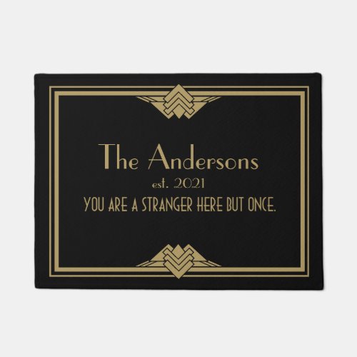 Art Deco Geometric Black Gold Family Name Doormat