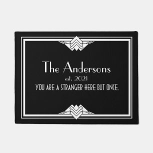Art Deco Geometric Black White Family Name Doormat