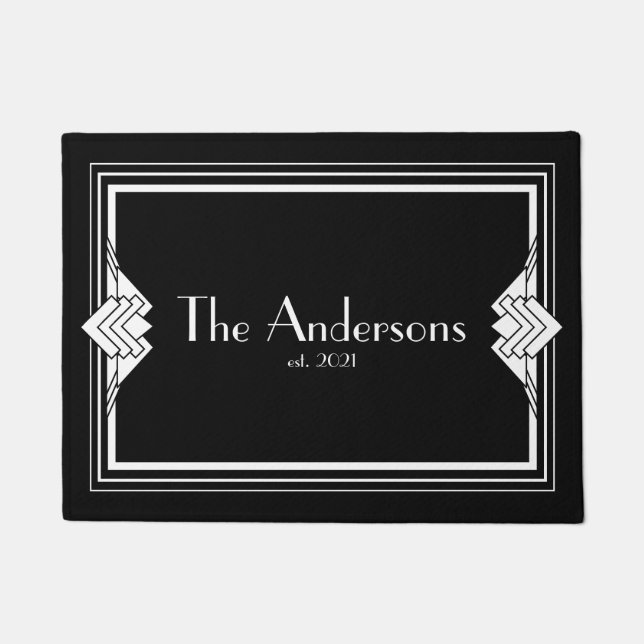 Art Deco Geometric Black White Family Name Doormat (Front)