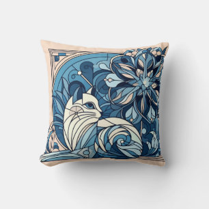 Art deco geometric blue cat. throw pillow