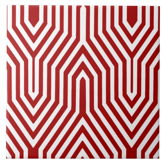 Art Deco Geometric - dark red and white Ceramic Tile (Front)