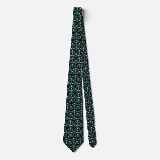 Art Deco Geometric Fan Pattern | Emerald & Gold Te Neck Tie (Front)