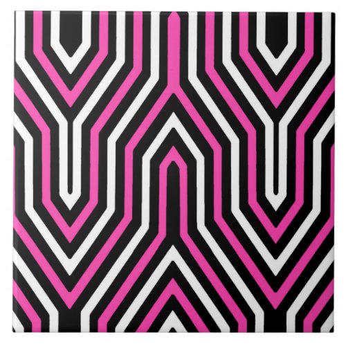 Art Deco Geometric _ fuchsia pink black and white Ceramic Tile