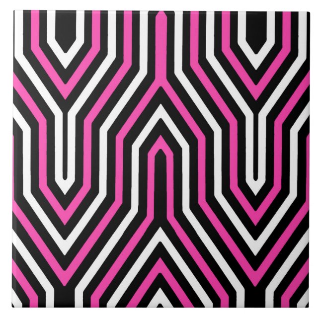 Art Deco Geometric - fuchsia pink, black and white Ceramic Tile (Front)