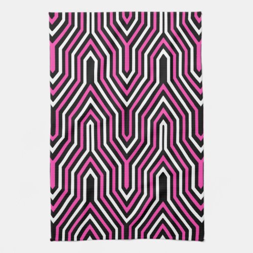 Art Deco Geometric _ fuchsia pink black and white Kitchen Towel