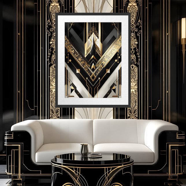 Art Deco Geometric gold black Pearl White Framed Art (Creator Uploaded)