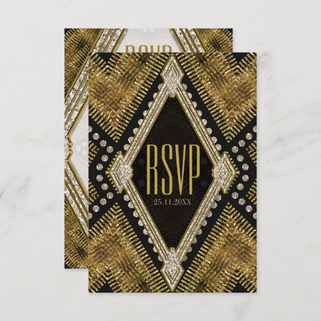 Art Deco Geometric Gold Black RSVP Card (Front/Back)