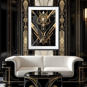 Art Deco Geometric gold black white pearl Framed Art