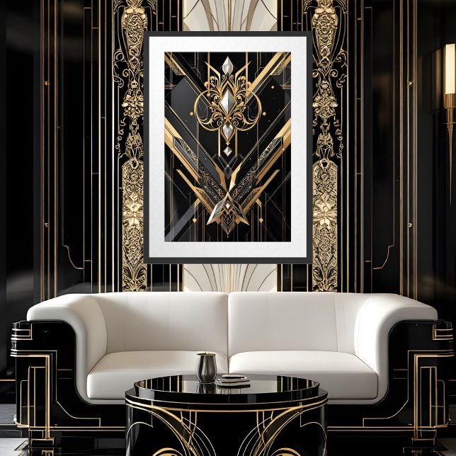 Art Deco Geometric gold black white pearl Framed Art (Creator Uploaded)