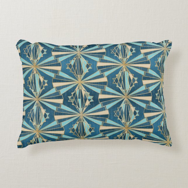 Art Deco Geometric Gold, Blue & Teal Luxury Glam Accent Pillow (Front)