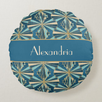 Art Deco Geometric Gold, Blue & Teal Luxury Glam Round Pillow