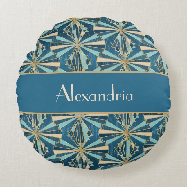 Art Deco Geometric Gold, Blue & Teal Luxury Glam Round Pillow (Front)
