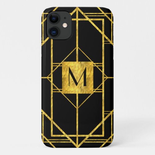 Art Deco Geometric Gold Leaf Black with Monogram iPhone 11 Case