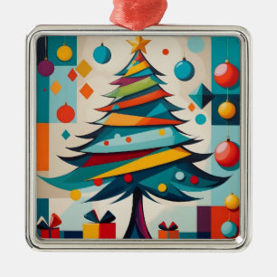 Art Deco Geometric Joyful Christmas Tree with Gift Metal Ornament