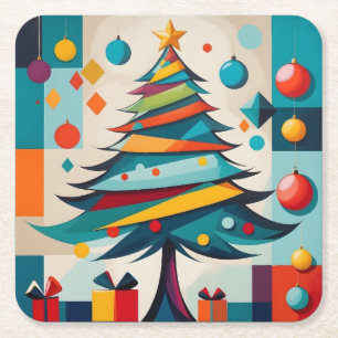 Art Deco Geometric Joyful Christmas Tree with Gift Square Paper Coaster