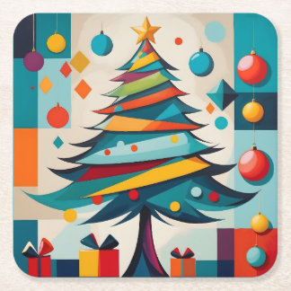 Art Deco Geometric Joyful Christmas Tree with Gift Square Paper Coaster