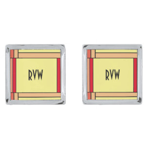 Art Deco Geometric Orange Yellow Black Monogram Cufflinks