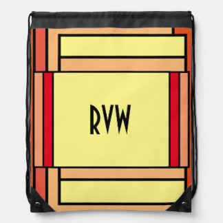 Art Deco Geometric Orange Yellow Black Monogram Drawstring Bag