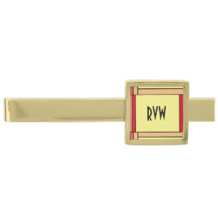 Art Deco Geometric Orange Yellow Black Monogram Gold Finish Tie Bar