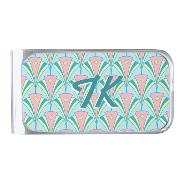Art Deco Geometric Pastel Fan Design Silver Finish Money Clip (Front)