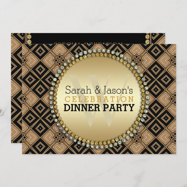 Art Deco Geometric Pattern Black Gold Dinner Party Invitation (Front/Back)