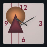 Art Deco Geometric Square Wall Clock<br><div class="desc">10.75” x 10.75” acrylic wall clock with an Art Deco image of a glowing orange orb,  a glowing maroon triangle,  and two maroon stripes on mauve. See the entire Roaring 20s Clock collection in the DECOR | Clocks section.</div>