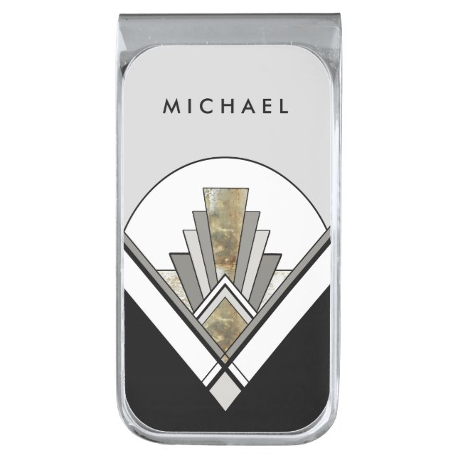Art Deco Geometric Style with Custom Monogram Silver Finish Money Clip (Front Vertical)