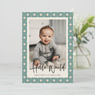 Art Deco Geometric Teal and Pink Baby Photo Birth Announcement