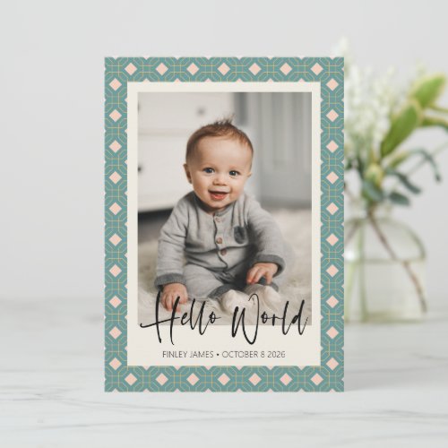 Art Deco Geometric Teal and Pink Baby Photo Birth  Announcement