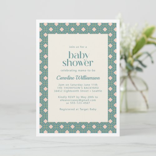 Art Deco Geometric Teal and Pink Baby Shower  Invitation
