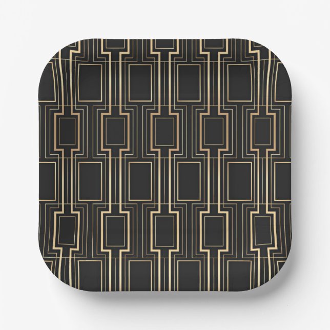 Art Deco Geometrics Black and Gold Paper Plates (Front)
