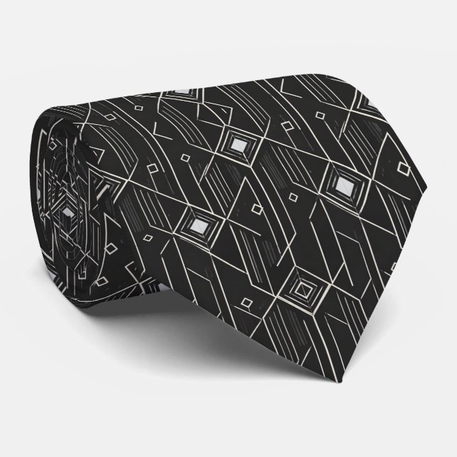 Art Deco Geometry Black & Silver Luxury Pattern Neck Tie (Rolled)