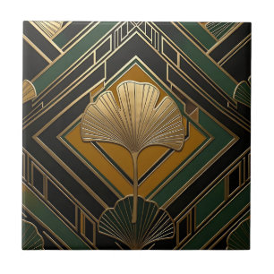 Art Deco Ginkgo Leaf Gold Geometric Pattern Ceramic Tile