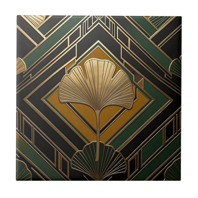 Art Deco Ginkgo Leaf Gold Geometric Pattern Ceramic Tile (Front)