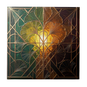 Art Deco Ginkgo Leaf Stained Glass Design Ceramic Tile
