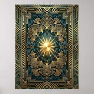 Art Deco Ginkgo Leaf Sunburst Poster Gold Teal