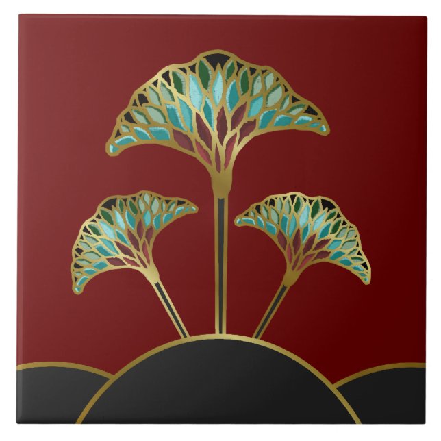 Art Deco Ginkgo Leaves Decorative Tile (Front)