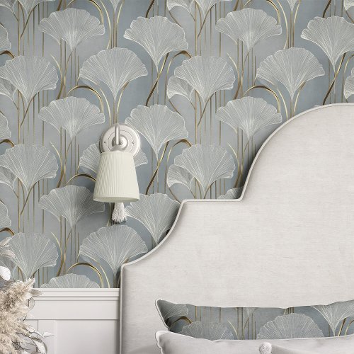 Custom Wallpaper 15 Art Deco Ginkgo Leaves On Blue Wallpaper
