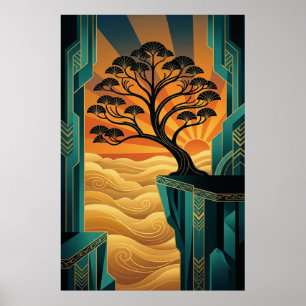 Art Deco Ginkgo Tree Ocean Cliff Gold Teal Poster