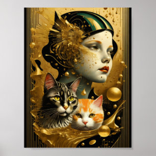 Art Deco Girl and cats Poster