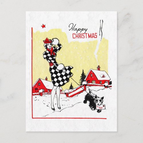 Art Deco Girl and Scotty Dog Holiday Postcard